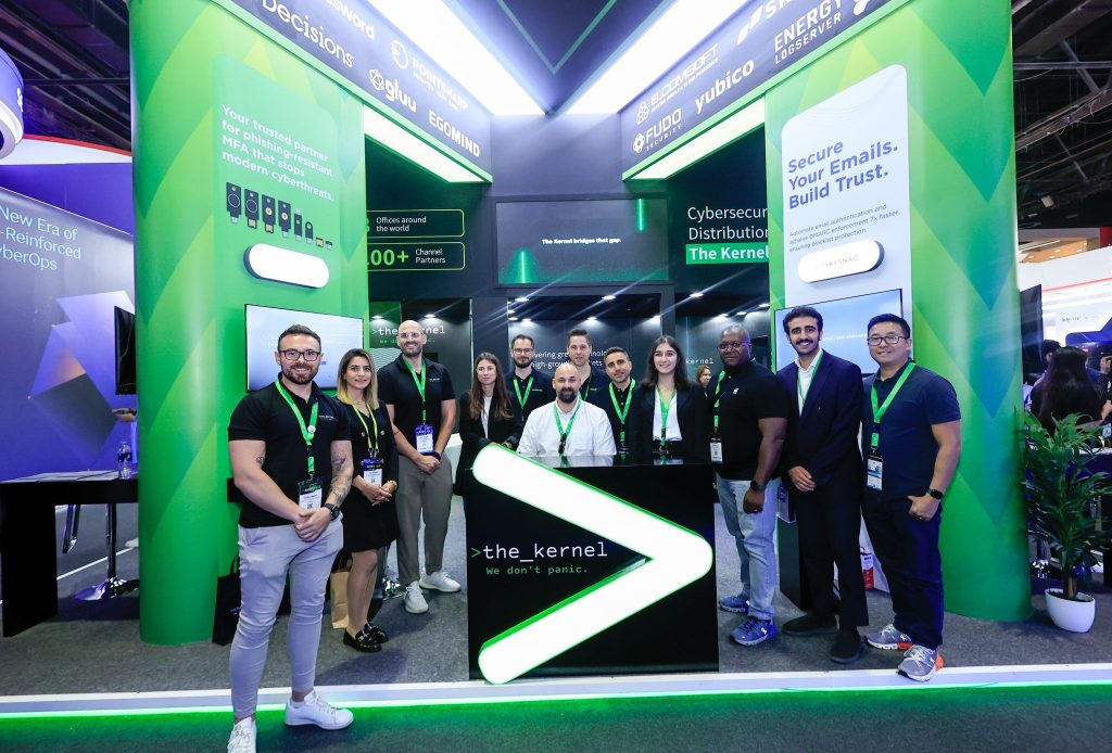 Group photo of teams from Skysnag and Kernel at GISEC cybersecurity conference, capturing the partnership kickoff event announcing their strategic collaboration in secure identity and emerging technology.