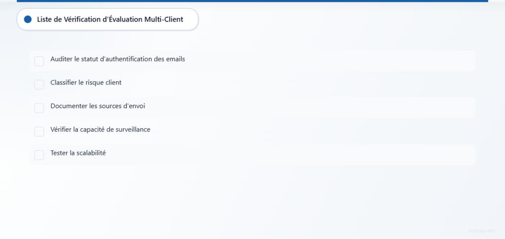 Liste de contrôle d’évaluation en cinq étapes pour la gestion de la délivrabilité des emails MSP sur plusieurs domaines clients.