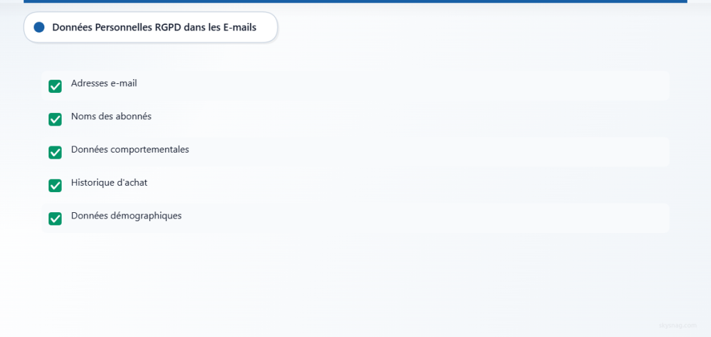 Liste de contrôle présentant cinq types de données personnelles couverts par le GDPR dans le marketing par e-mail.