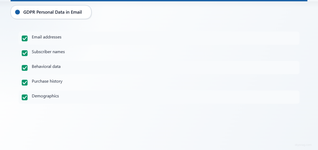 Checklist showing five types of personal data covered by GDPR in email marketing