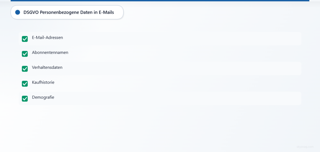 Checkliste mit fünf Arten personenbezogener Daten, die durch die GDPR im E-Mail-Marketing abgedeckt sind.