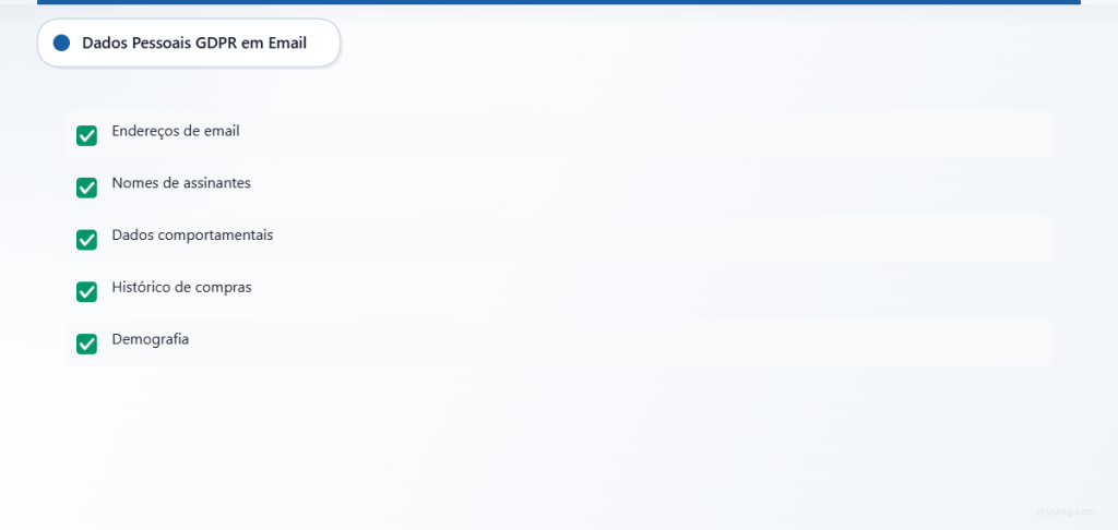 Lista de verificação mostrando cinco tipos de dados pessoais cobertos pelo GDPR no marketing por e-mail.