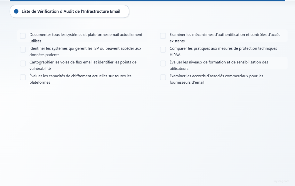 Liste de contrôle des 8 éléments clés pour réaliser un audit complet de la sécurité des e-mails conforme à la HIPAA.