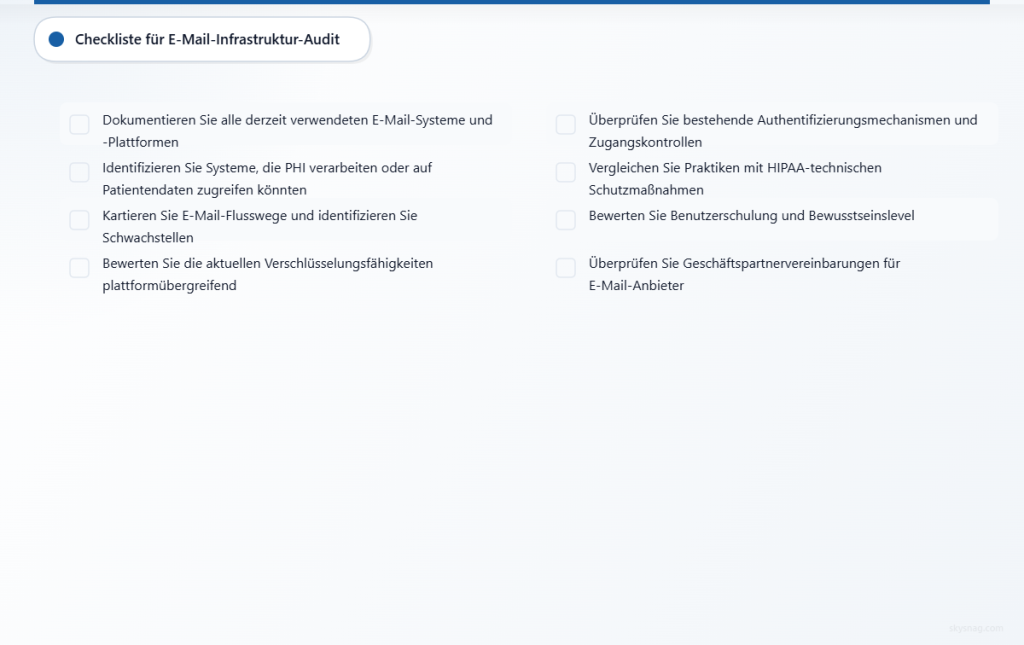 Checkliste mit 8 Schlüsselelementen zur Durchführung eines umfassenden HIPAA-E-Mail-Sicherheitsaudits.