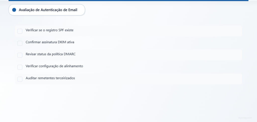 Lista de verificação em cinco etapas para avaliar a implementação atual de autenticação de e-mail.