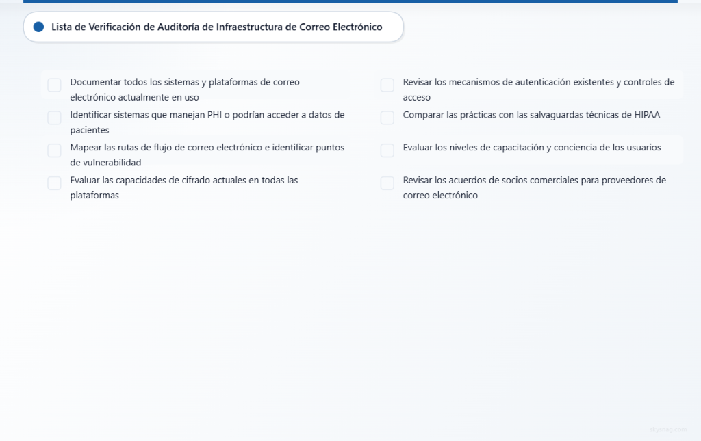 Lista de verificación de 8 elementos clave para realizar una auditoría integral de seguridad de correo electrónico conforme a HIPAA.