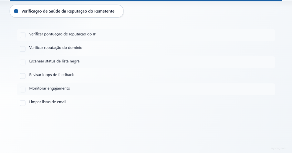 Lista de verificação com seis tarefas de monitoramento de reputação para a saúde da entregabilidade de e-mail.