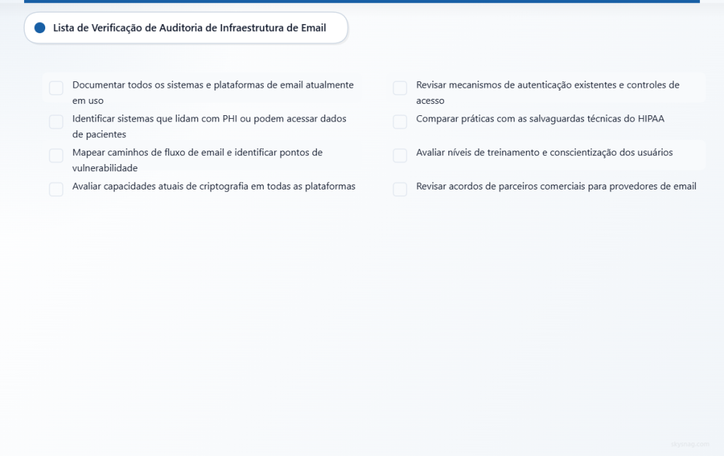 Lista de verificação de 8 itens principais para realizar uma auditoria abrangente de segurança de e-mail HIPAA.