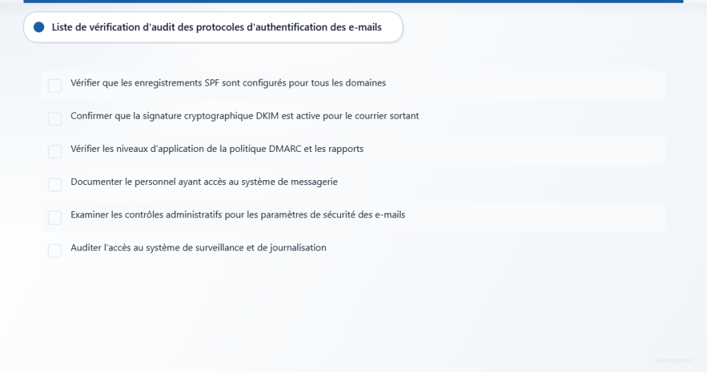 Liste de contrôle des six éléments essentiels d’audit pour évaluer la posture actuelle d’authentification des e-mails.