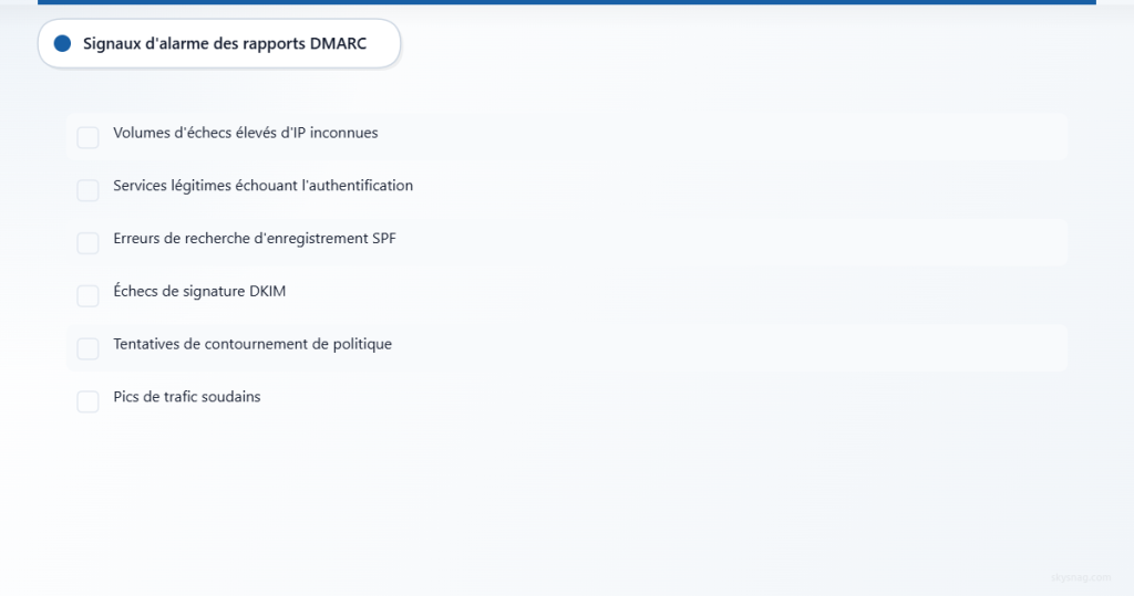 Liste de contrôle des signes d’alerte à identifier dans les rapports agrégés DMARC