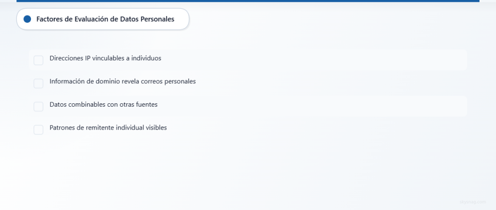 Lista de verificación de cuatro factores para evaluar datos personales en informes DMARC.