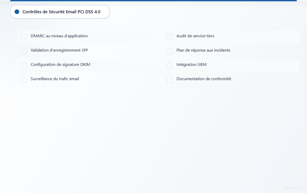 Liste de contrôle de huit contrôles essentiels de sécurité des e-mails pour la conformité PCI DSS 4.0, incluant l’application et la surveillance de DMARC.