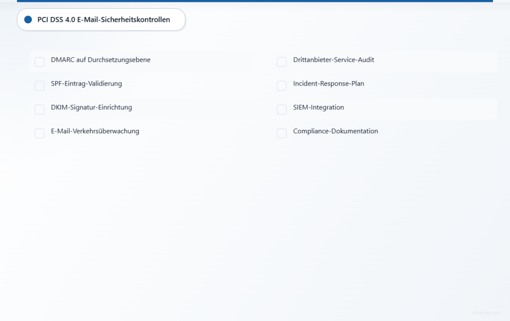 Checkliste mit acht wesentlichen E-Mail-Sicherheitskontrollen für die PCI DSS 4.0-Compliance, einschließlich DMARC-Durchsetzung und -Überwachung.