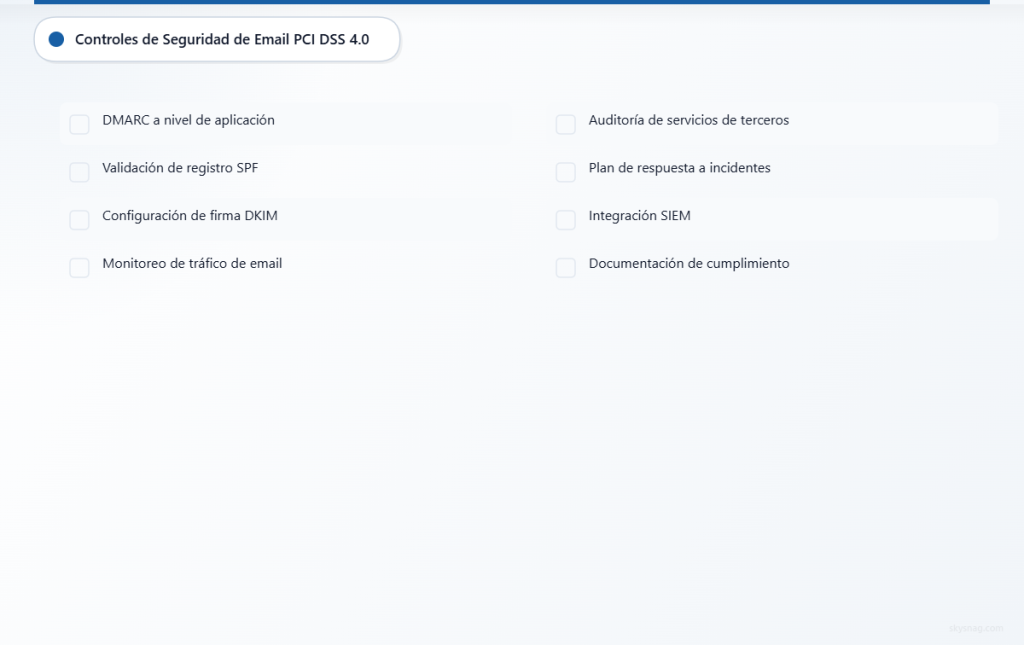 Lista de verificación de ocho controles esenciales de seguridad del correo electrónico para el cumplimiento de PCI DSS 4.0, incluyendo la aplicación y el monitoreo de DMARC.