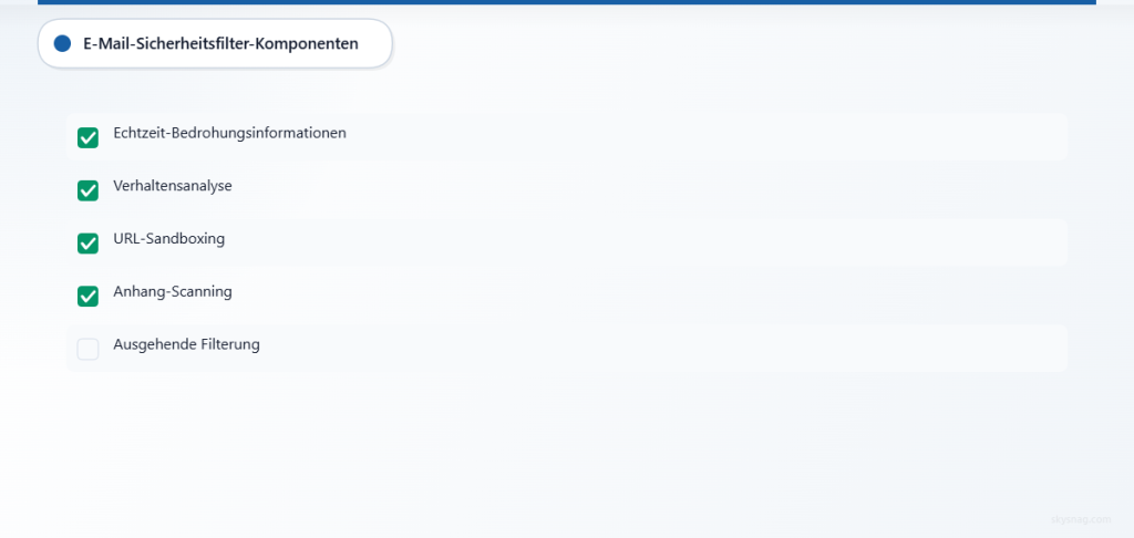 Checkliste der wesentlichen E-Mail-Sicherheitsfilter-Komponenten einschließlich Threat Intelligence, Verhaltensanalyse und URL-Sandboxing.