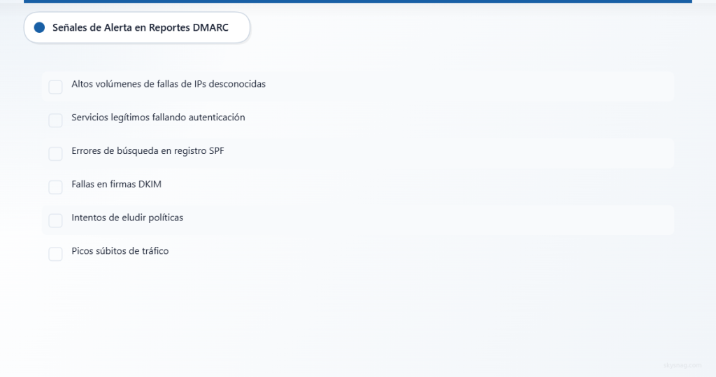 Lista de verificación de señales de advertencia para identificar en informes agregados DMARC