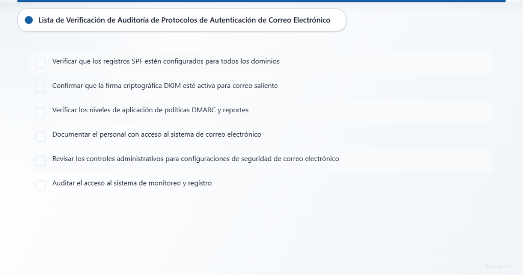 Lista de verificación de seis elementos esenciales de auditoría para evaluar la postura actual de autenticación de correo electrónico.