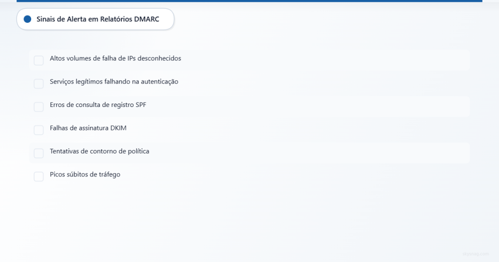 Lista de verificação de sinais de alerta para identificar em relatórios agregados DMARC.
