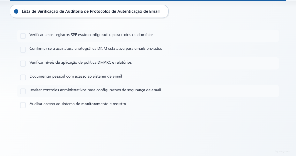 Lista de verificação de seis itens essenciais de auditoria para avaliar a postura atual de autenticação de e-mail.