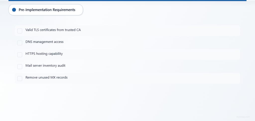 Checklist of five technical prerequisites for MTA-STS implementation