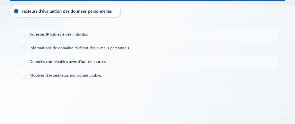 Liste de contrôle de quatre facteurs pour évaluer les données personnelles dans les rapports DMARC.