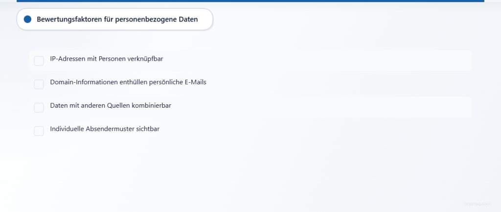 Checkliste mit vier Faktoren zur Bewertung personenbezogener Daten in DMARC-Berichten.