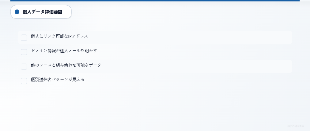 DMARCレポートにおける個人データを評価するための4つの要素チェックリスト。