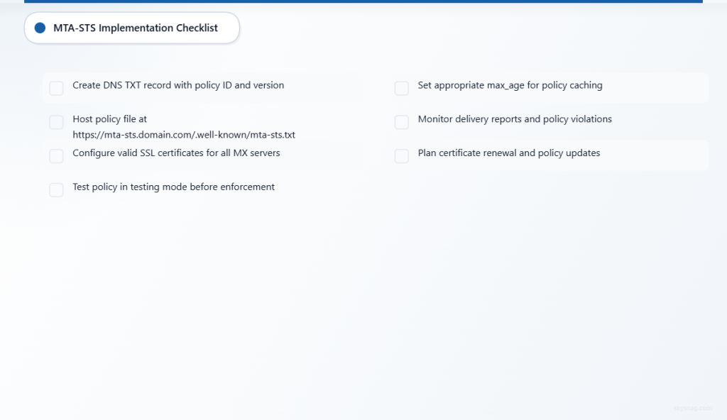 Implementation checklist with seven essential steps for deploying MTA-STS email security protection