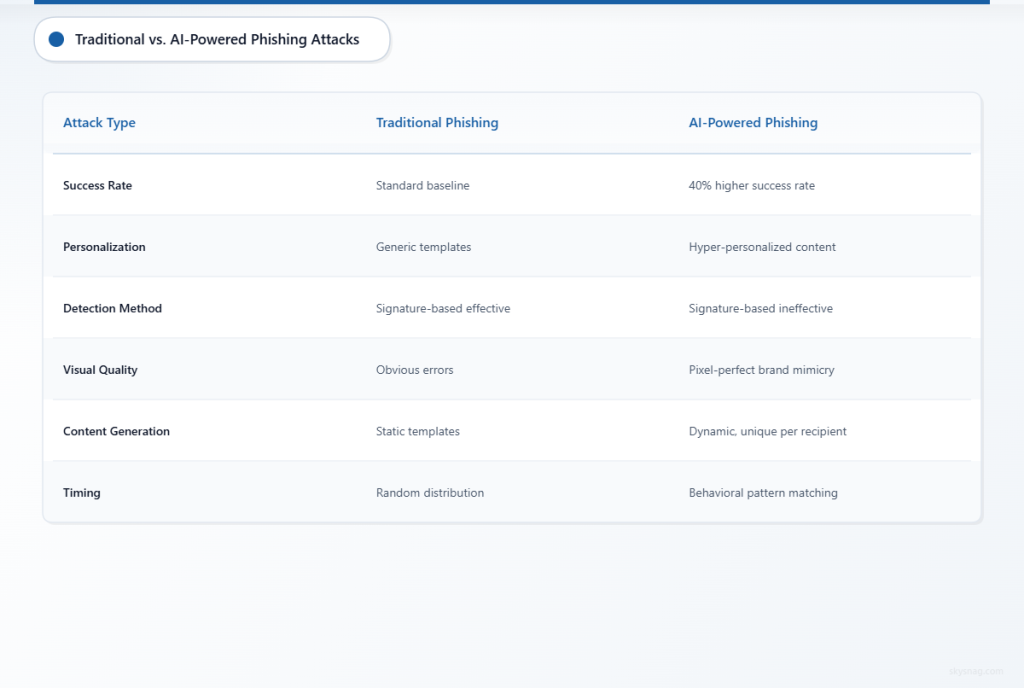 Comparison table showing traditional phishing attacks versus AI-powered phishing attacks across six key characteristics, highlighting the superior sophistication of AI-driven threats