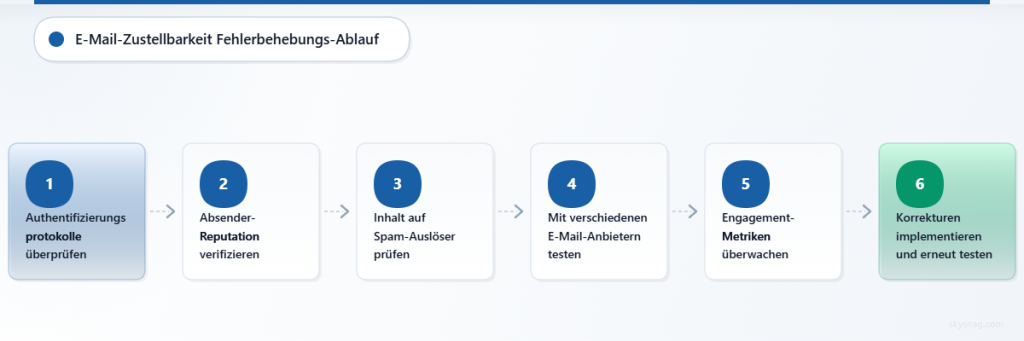 Vertikales Flussdiagramm, das einen sechsstufigen Fehlerbehebungsprozess von der Authentifizierungsprüfung bis zur Umsetzung von Lösungen darstellt.