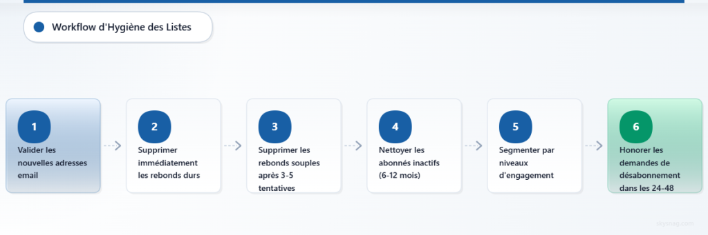 Organigramme vertical montrant le processus en 6 étapes de l’hygiène des listes d’e-mails, de la validation à la gestion des désabonnements.