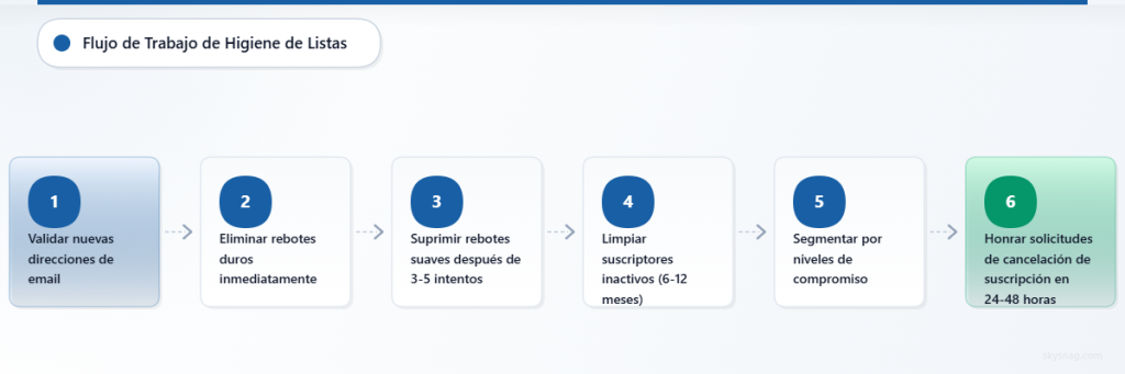 Diagrama de flujo vertical que muestra el proceso de higiene de listas de correo electrónico en 6 pasos, desde la validación hasta la gestión de bajas.