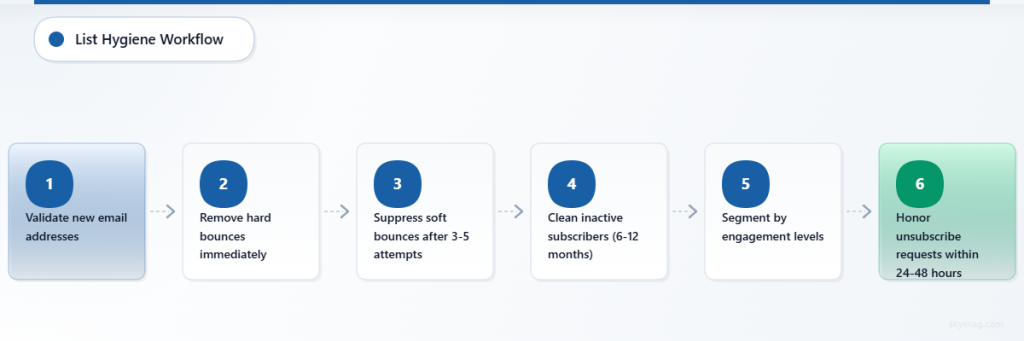 Vertical flowchart showing the 6-step email list hygiene process from validation to unsubscribe handling