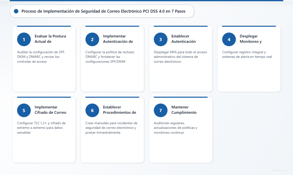 Siete pasos secuenciales para implementar los requisitos de seguridad del correo electrónico PCI DSS 4.0, desde la evaluación hasta el mantenimiento continuo del cumplimiento.