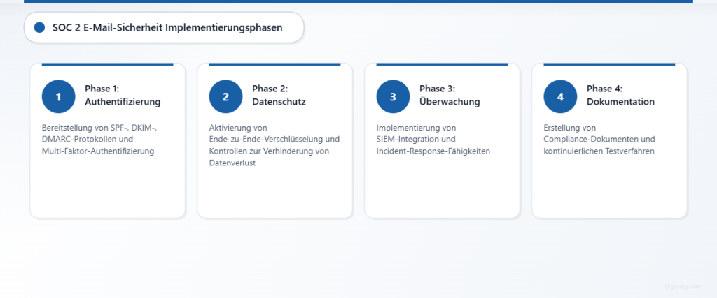 Vierphasige Implementierungs-Roadmap für die SOC 2 E-Mail-Sicherheits-Compliance.