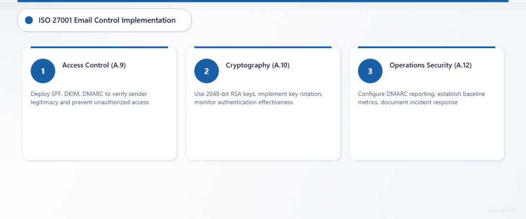 Three-step process showing ISO 27001 email control implementation covering access control, cryptography, and operations security