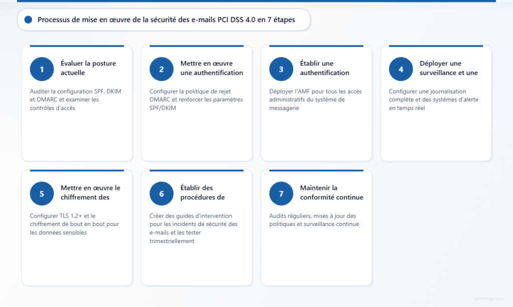 Sept étapes séquentielles pour mettre en œuvre les exigences de sécurité des e-mails PCI DSS 4.0, de l’évaluation à la maintenance continue de la conformité.