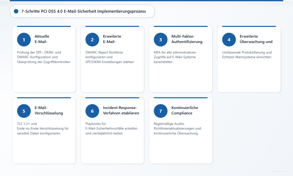 Sieben aufeinanderfolgende Schritte zur Implementierung der PCI DSS 4.0-E-Mail-Sicherheitsanforderungen, von der Bewertung bis zur kontinuierlichen Aufrechterhaltung der Compliance.