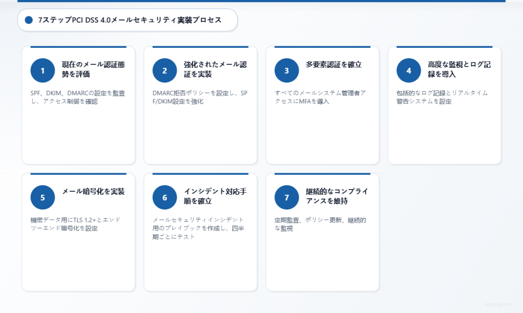 PCI DSS 4.0のメールセキュリティ要件を実装するための7つの段階的ステップ。評価から継続的なコンプライアンス維持までを含みます。