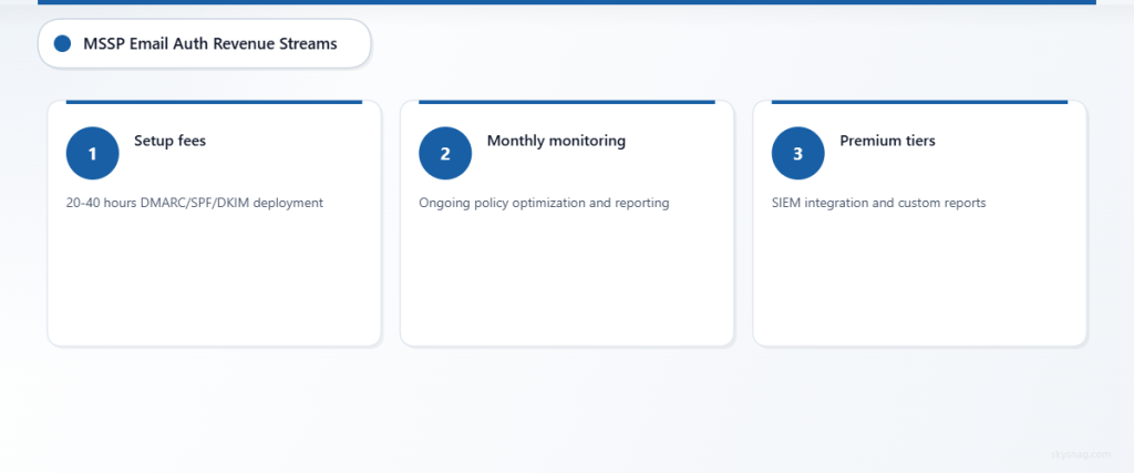 Three-step revenue model showing implementation fees, recurring monitoring, and premium service tiers