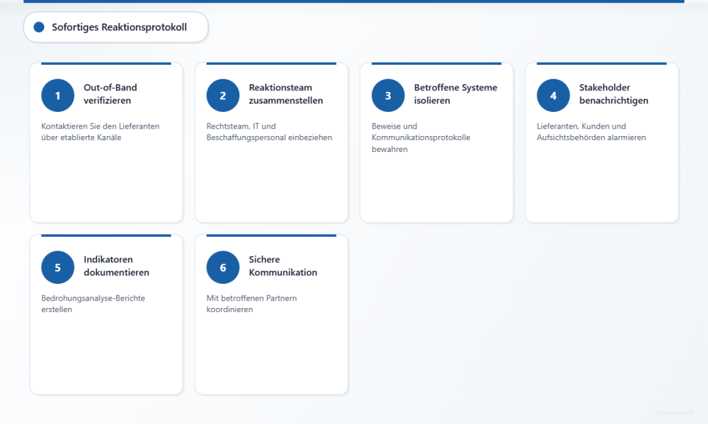 Sechsstufiges Sofortreaktionsprotokoll für E-Mail-Angriffe in der Lieferkette.