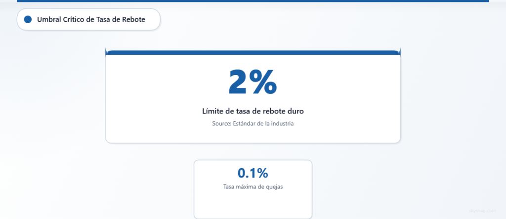 Métricas clave de entregabilidad que muestran un límite de tasa de rebote del 2 % y un umbral de tasa de quejas del 0,1 %.