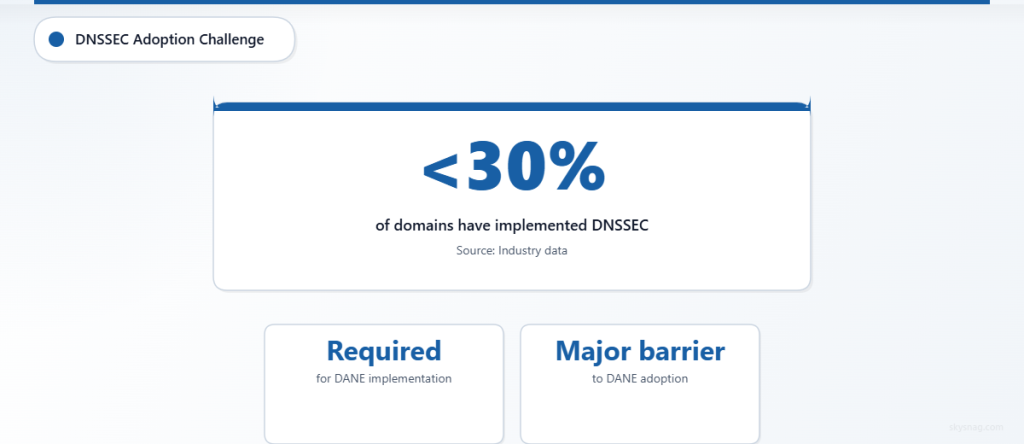 Statistics card highlighting that less than 30% of domains have DNSSEC, which is required for DANE implementation