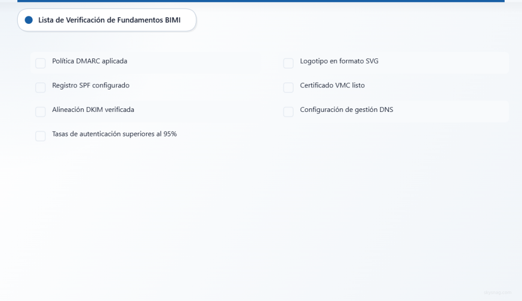 Lista de verificación de requisitos fundamentales de BIMI con pasos de autenticación y preparación del logotipo.