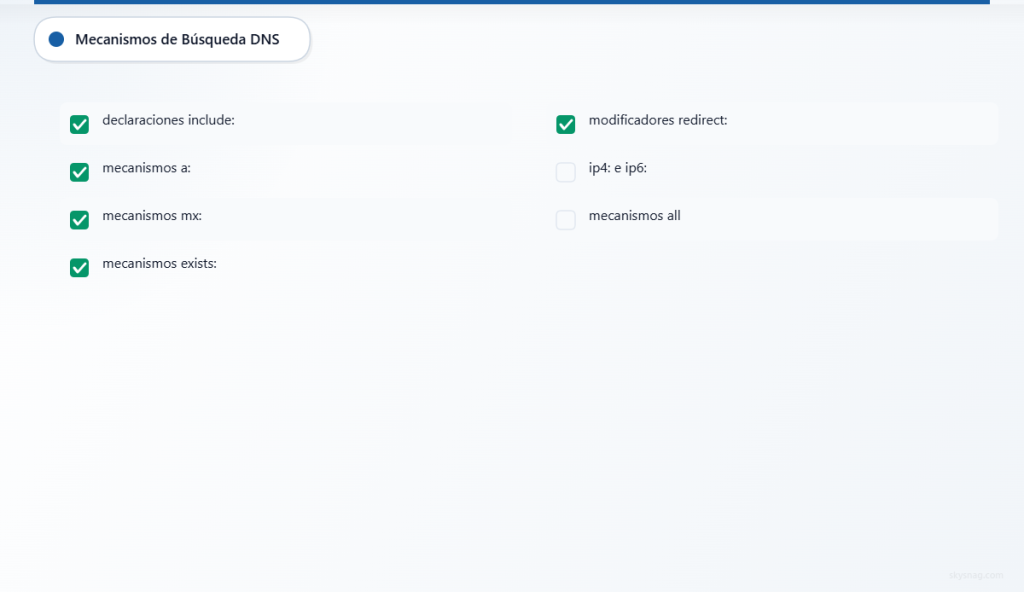 Lista de verificación que muestra qué mecanismos SPF cuentan para el límite de consultas DNS.