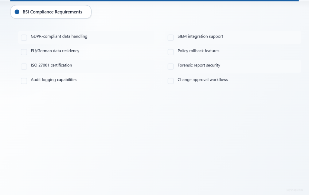  Eight-item checklist covering BSI DMARC compliance requirements from data protection to security controls