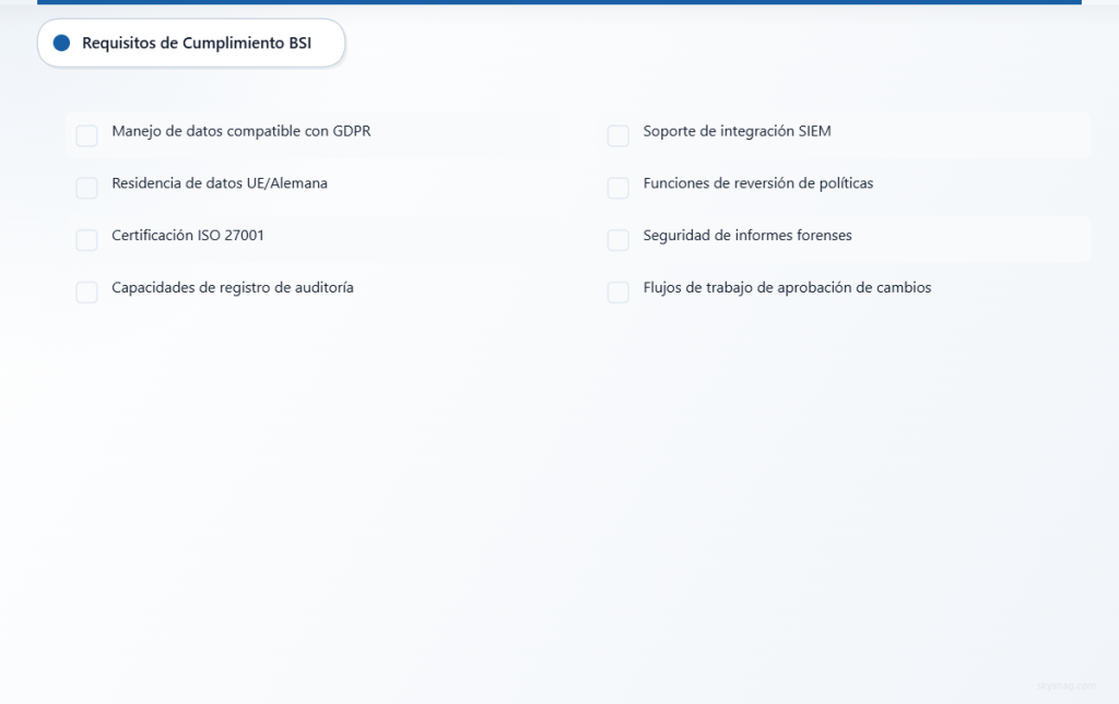 Lista de verificación de ocho puntos que cubre los requisitos de cumplimiento DMARC de BSI, desde la protección de datos hasta los controles de seguridad.