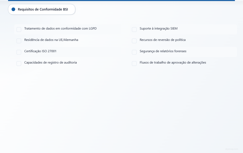 Checklist de oito itens cobrindo os requisitos de conformidade DMARC da BSI, desde proteção de dados até controles de segurança.