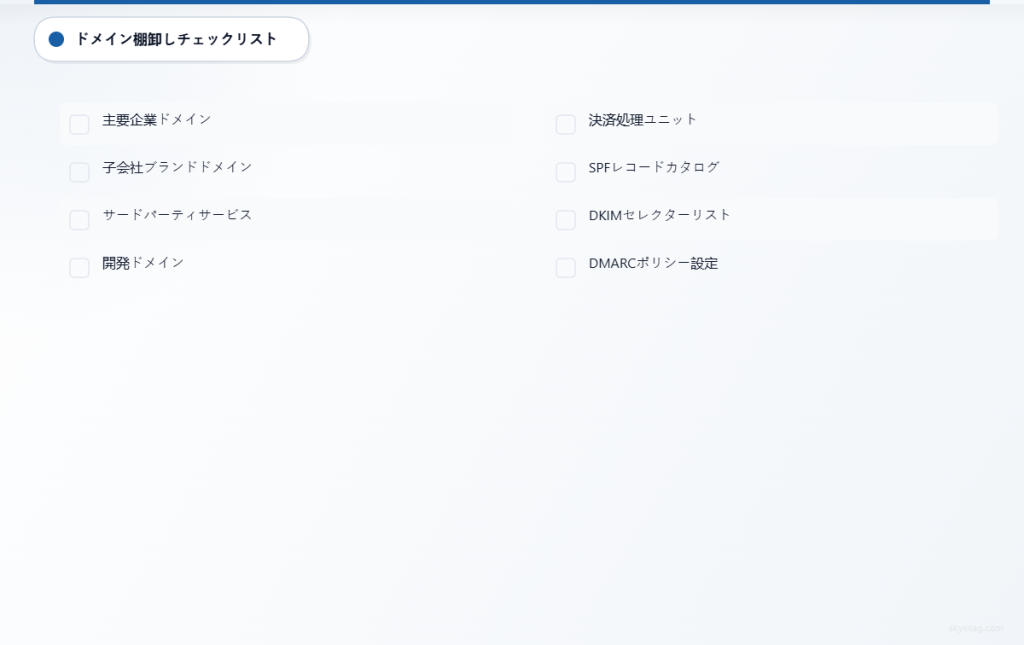 決済ドメイン全体におけるメール認証インフラを文書化するためのチェックリスト。