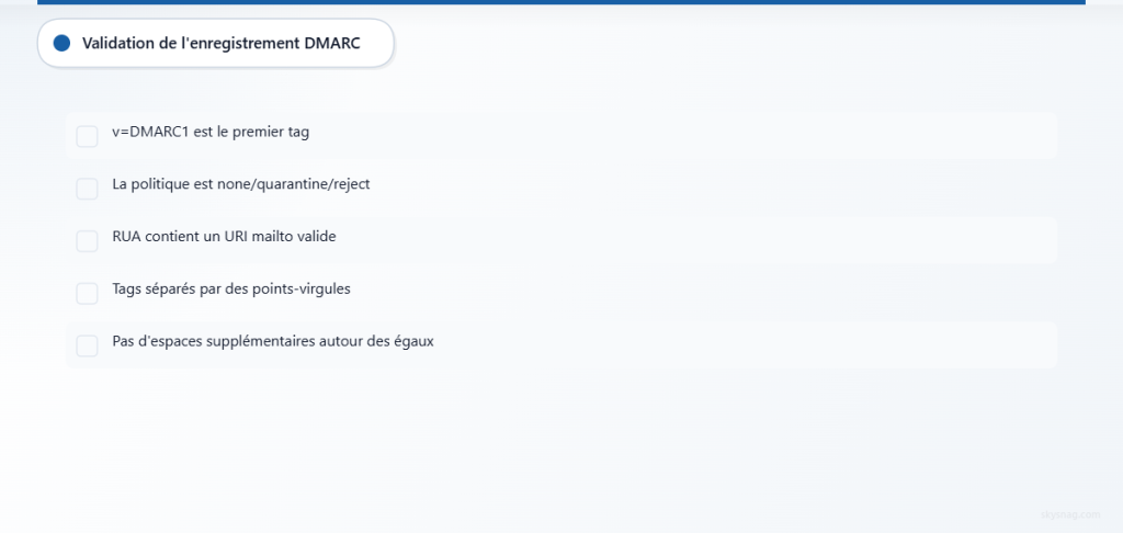 Checklist en cinq points pour valider la syntaxe et les exigences de formatage des enregistrements DMARC.